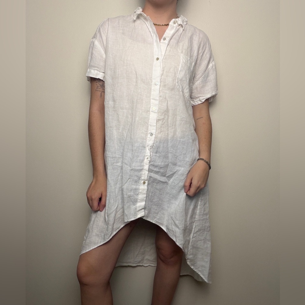 Eileen Fisher Blouse Tunic Top Small Button Down Irish Linen cover up high low